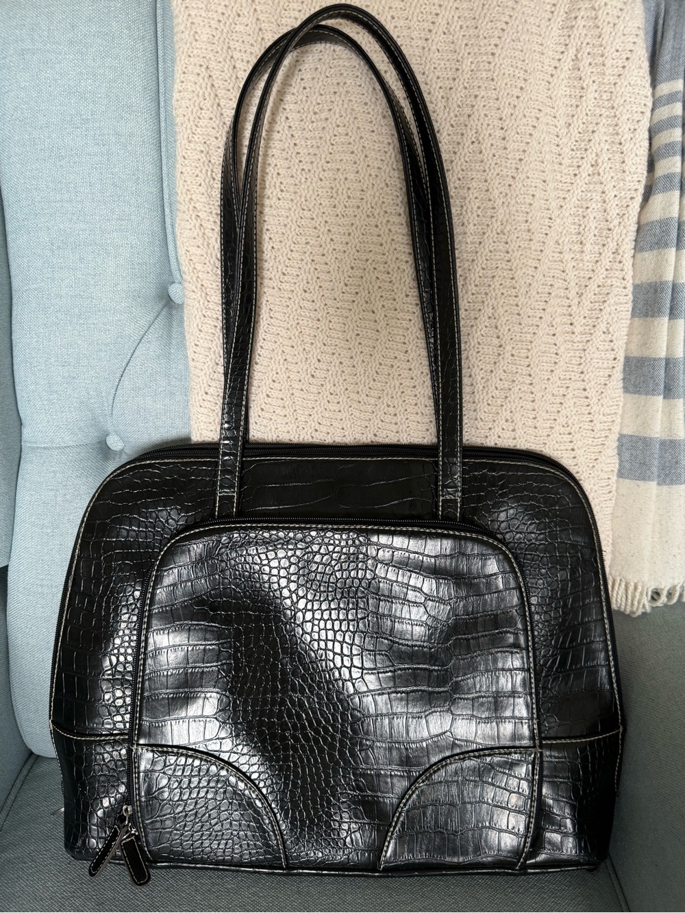Chic, Retro Merona Black Croc-Embossed Vegan Leather Laptop Tote